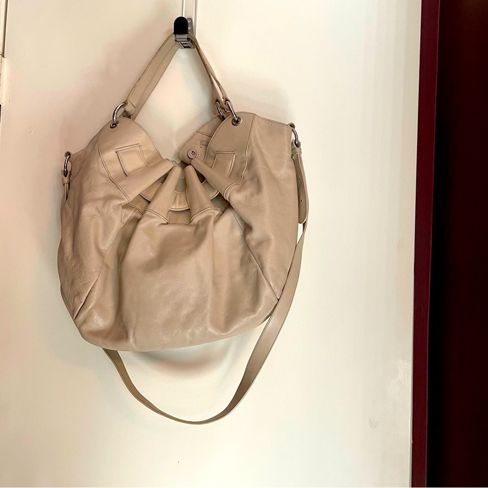 Furla large pebbled leather satchel in off white